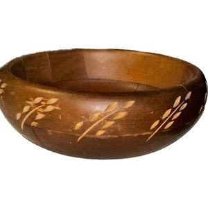 Rare Carved Wheat Motif Mid Century Baribocraft Wood Serving Bowl Salad Fruit